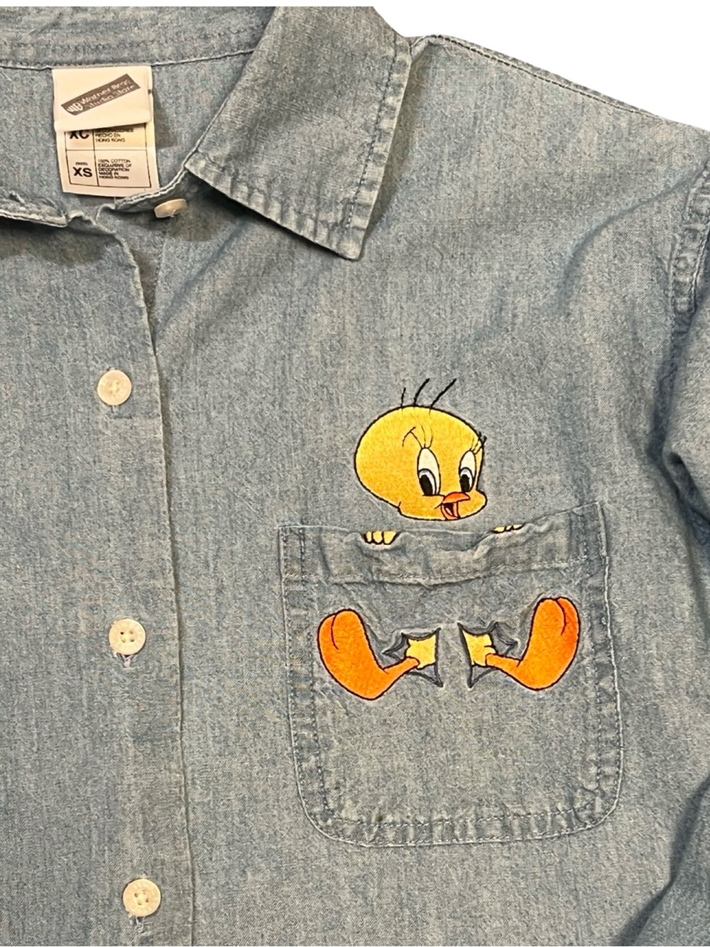 Warner Bros Tweety Bird Denim Button-Up Front Pocket Shirt - Light Blue